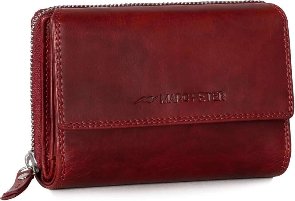 Marc Peter® Rosie Damen Geldbeutel Leder RFID Geldbörse Groß Vintage Portemonnaie für Damen Ledergeldbörse mit Reißverschluss in Geschenkbox Echtleder Rot