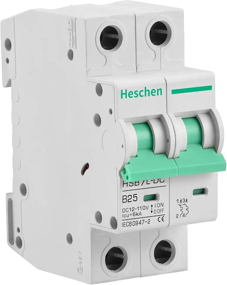 Heschen DC Miniatur-Leistungsschutzschalter HSB7L-DC, 25A 12-110V DC, 2-Polig, Typ B, ungepolt, 6kA Sicherungsautomat für Solar Photovoltaik/Wohnmobil, 35mm DIN-Schienenmontage, CE