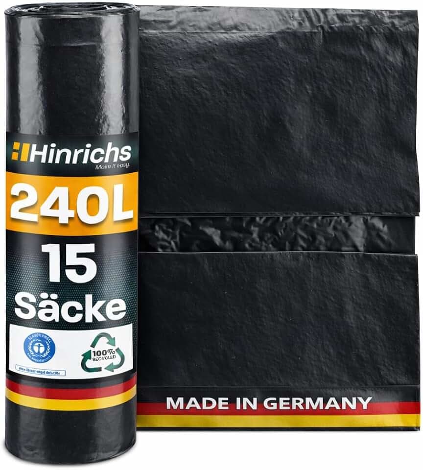 Hinrichs Müllsäcke 240L extra Stark - 15er Rolle - 100x125 cm - Extrem reißfeste Müllbeutel - Mülltüten aus Recycling LDPE - Schwarze Säcke - Abfallsäcke für Garten, Haushalt & Baustelle
