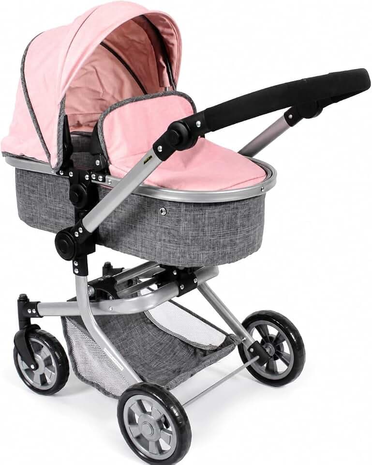 Bayer Chic 2000 - Puppenwagen Mika, 2in1 Kombipuppenwagen für Kinder von 4 bis 8 Jahren, Melange grau-rosa, 73 x 41 x 82 cm