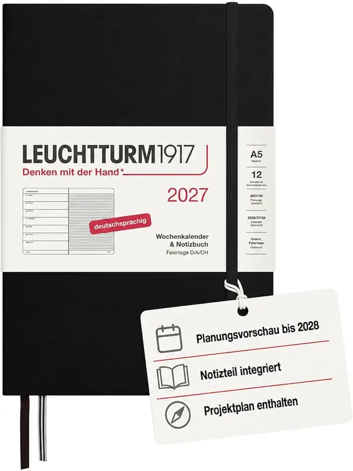 LEUCHTTURM1917 Wochenkalender 2027 Medium (A5) mit Notizbuch - Terminplaner Deutsch, Schwarz, Januar-Dezember 2027, Wochenübersicht links + Notizseite rechts