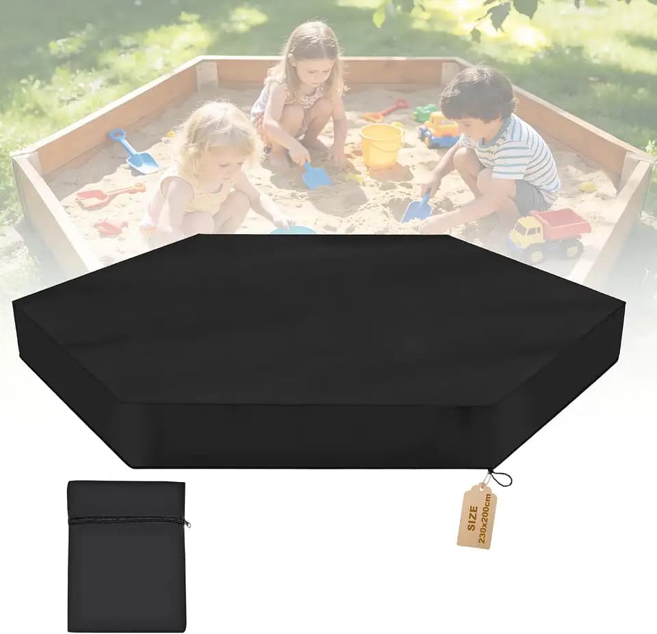 Sandkasten Abdeckung 230 x 200cm, 210D Oxford Sandkastenabdeckung, Abdeckplane Sandkasten mit Gummizug Kordelzug und Aufbewahrungsbeutel, Wasserfeste Abdeckung für Sandkiste Pool Garten, Sechseck