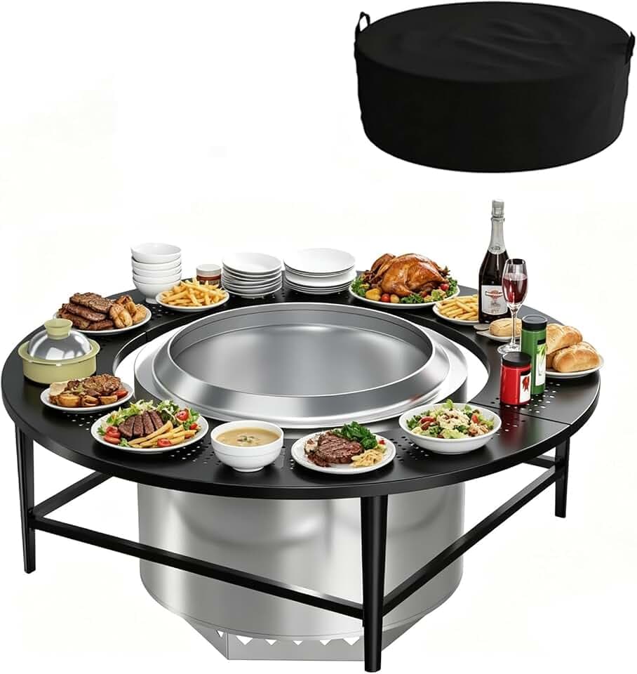 LS'BABQ 40" Fire Pit Surround Tabletop with Waterproof Cover for Solo Stove Bonfire & Ranger, Round Outdoor Fire Pit Table for Most Wood-Burning Stoves Under 22" Dia for Camping, Powder-Coated Steel