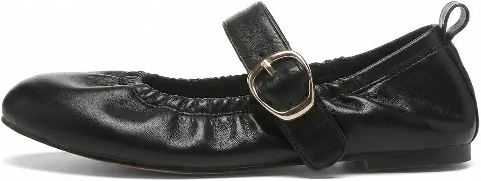 VOLEECE Women's Ruched Ballet Flats Buckle Strap Mary Jane Flat Shoes Slip On Soft Faux Suede Round Toe Comfort Ballerina for Casual Dress