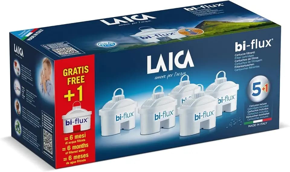 LAICA bi-flux Wasserfilterkartusche – reduziert Mikroplastik, Chlor, Kalk und Schwermetalle, kompatibel mit Laica-Krügen, 5+1 Monate x 150 L