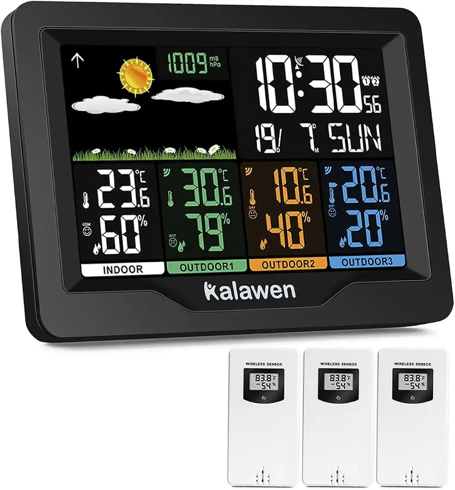 Wetterstation mit 3 Außensensoren Innen und Außen Multifunktionale Funkwetterstation Farbdisplay Digital mit Thermometer Hygrometer DCF-Funkuhr Weather Station für Zuhause Büro Hausgarten
