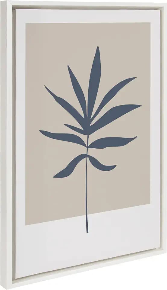 Kate and Laurel Sylvie Muted Tan and Blue Colorblock Botanical Leaf Framed Canvas Wall Art by The Creative Bunch Studio; 23x33 White; Simple Modern Botanical Wall Decor Art