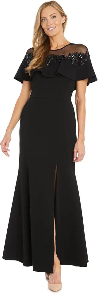 R&M Richards Women's Long Stretch Dress W/Illusion Neckline Beaded Applique & Front Slit - Evening Cocktail Party