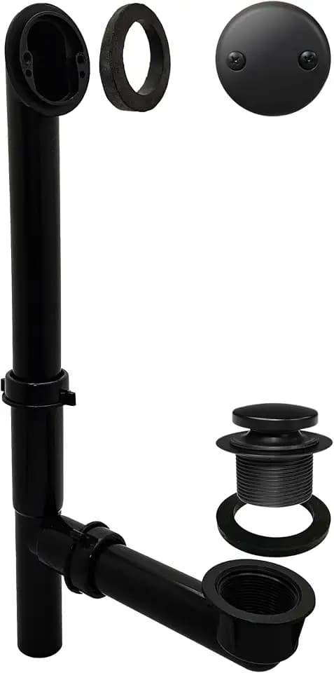 Westbrass 593144-62 14" Black Tubular Bathtub Waste & Overflow Assembly with with Tip-Toe Drain Plug and 2-Hole Faceplate, Matte Black
