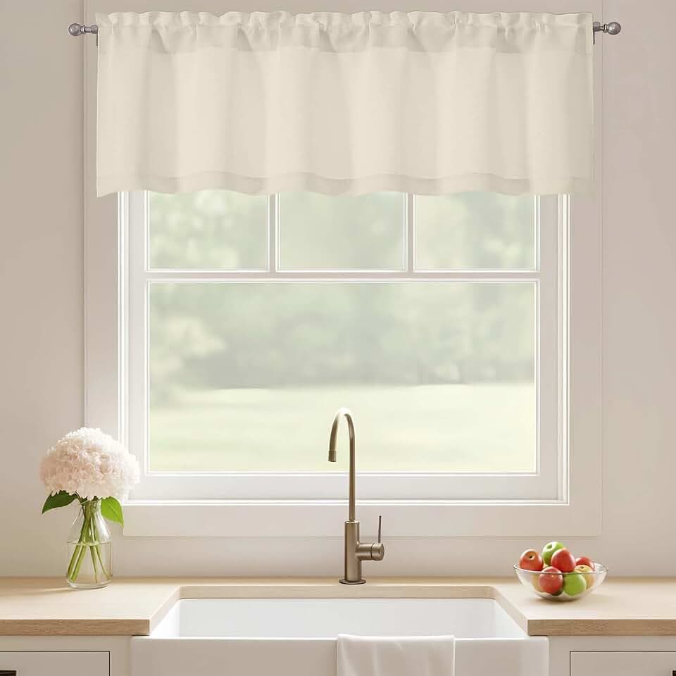Light Beige Valance for Windows, Light Filtering Kitchen Valance for Windows, Dual Rod Pocket Short Window Curtain for Bathroom Basement, 60Wx14L Inch, 1 Piece