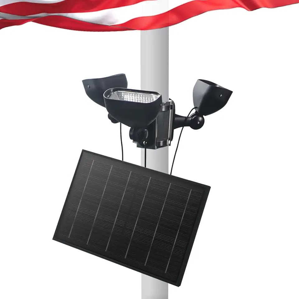 Solar Flag Pole Light for 15-40FT Flagpole, 3 Super-Spotlights & 12000 MHA, Adjustable Clamps Fits 2-6Inch Diameter Inground Poles, 100% Coverage Solar Powered Flag Pole Light