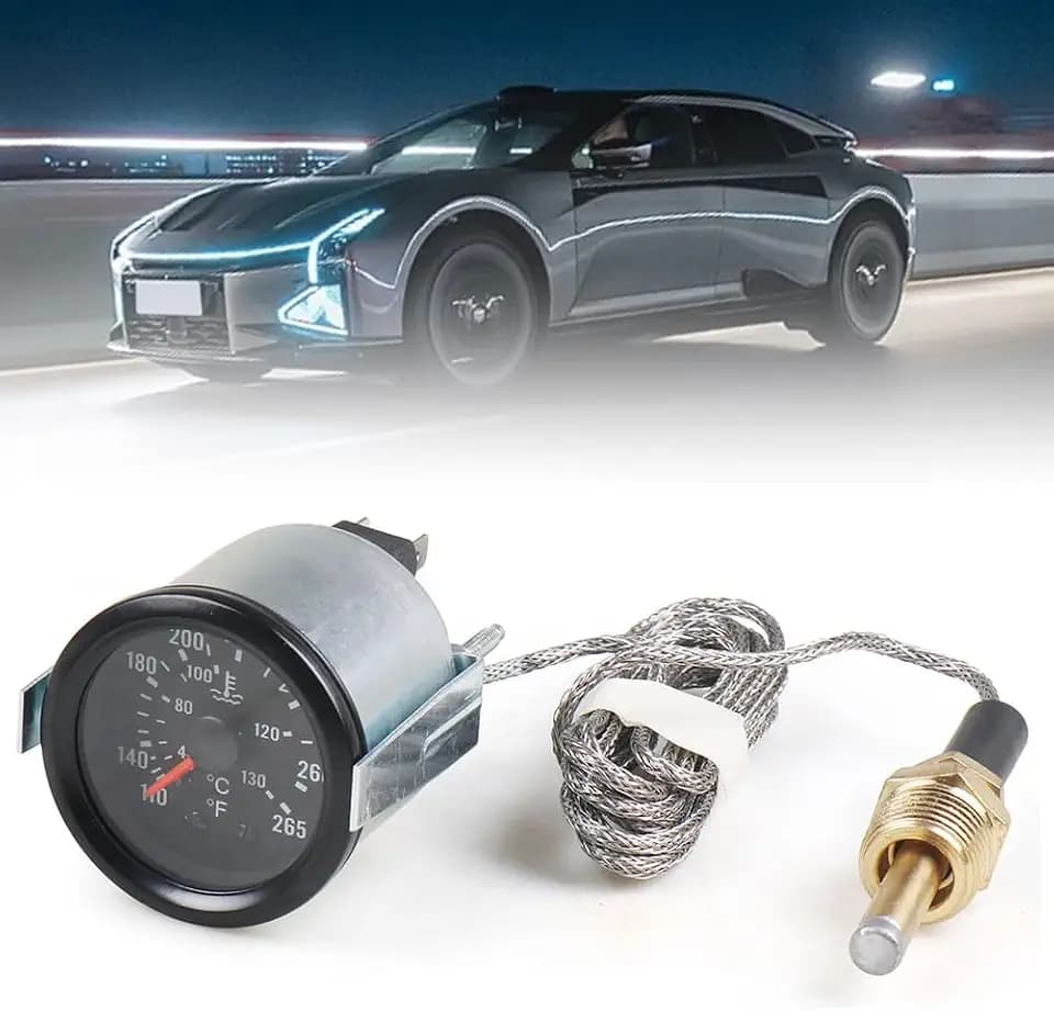 2" 52mm 12V Pointer Mechanical Water Temperature Gauge 40-130℃,110-265℉ Water Temp Thermometer Meter Kit DC12V with Sensor NPT 1/2, 1.8m Wire Length (Black)