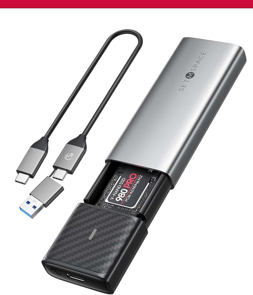NVME Enclosure, SETMSPACE Tool-Free M.2 Enclosure with 2-in-1 USB C Adapter, External Reader for 2280 2260 2242 2230 NVME SATA SSD of M Key or B+M Key, Gray Aluminium Alloy M2 Case Come with Heatsink