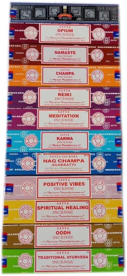 Satya Räucherstäbchen-Set, 12 x 15 g Nag Super Hit, Oodh, Positive Vibes, Namaste, Champa, Opium, Reiki, Spirituelle Heilung, Karma, traditionelle Ayurveda und Meditation.