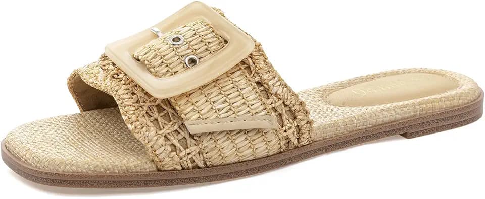 Rihero Raffia Flat Sandals Women Square Toe Buckle Summer Beach Slides