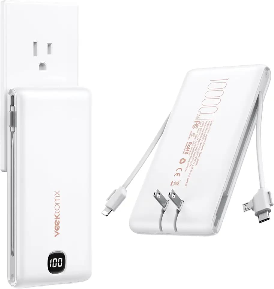 VEEKTOMX Portable Charger with Built-in Cables and AC Wall Plug, 10000mAh
