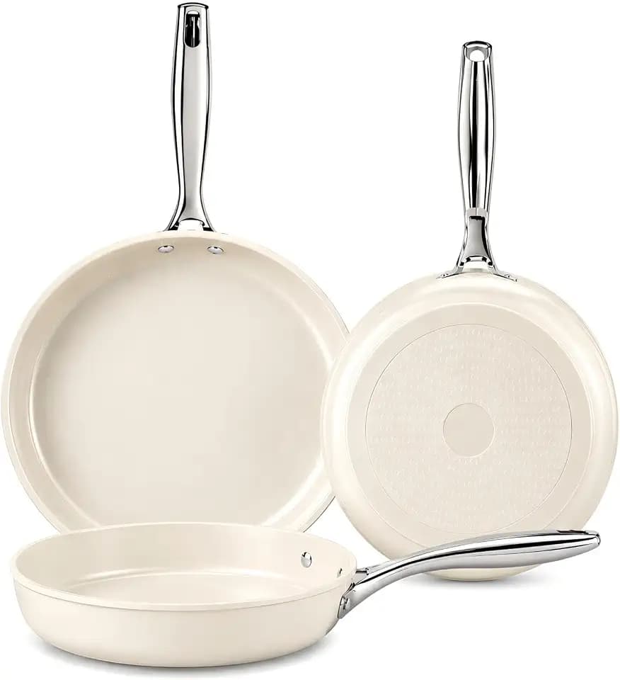 Pfanne Pfannenset, Keramikpfanne 20 24 28cm, Mit Edelstahlgriffen, Bratpfanne Set Induktion, Beschichtetes Pan, ohne PTFE und PFOA, Spülmaschinenfest, Backofenfest, Beige