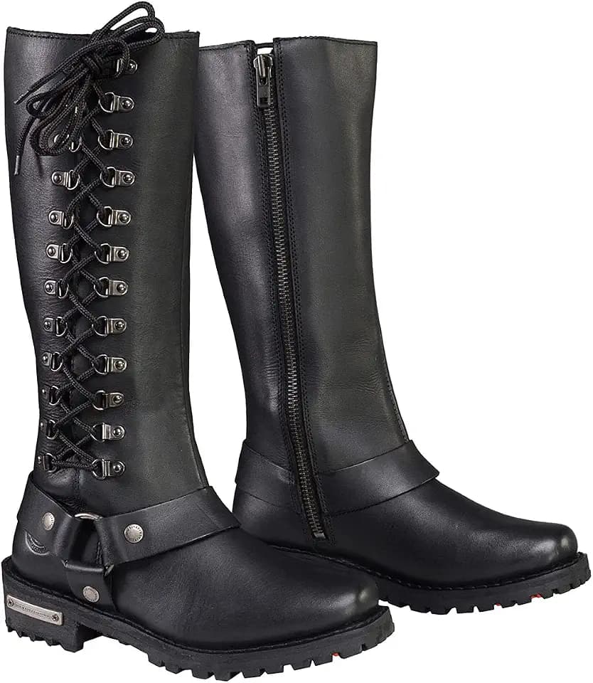 Milwaukee Leather MBL9365 Women's Classic Black Leather 14-Inch Harness Square Toe Tall Motorcycle Boots