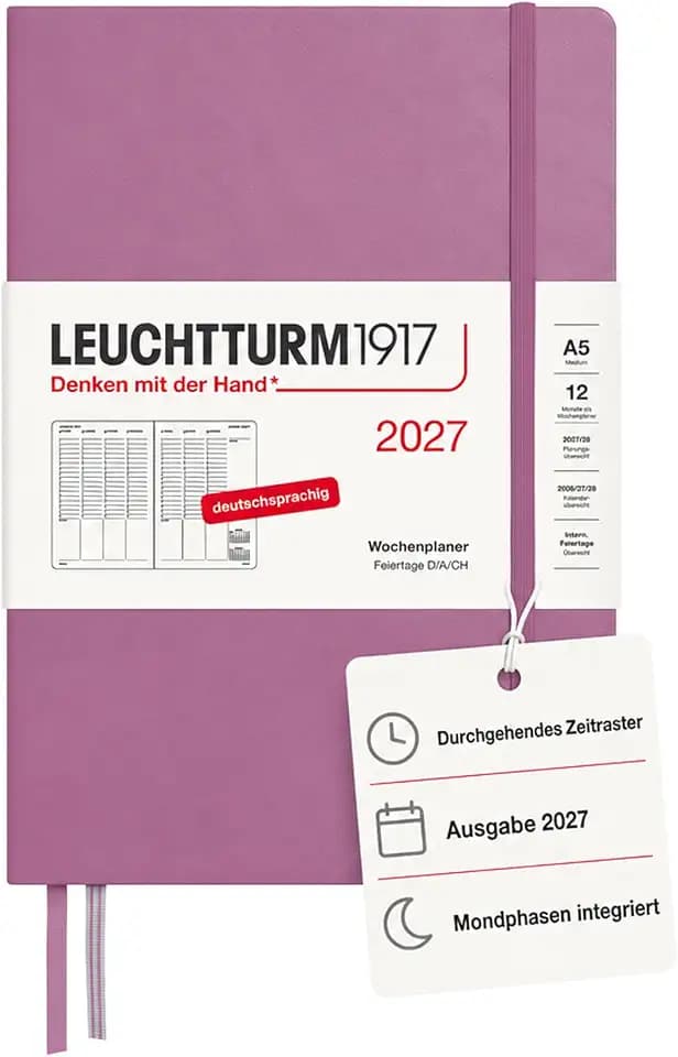 LEUCHTTURM1917 Wochenplaner 2027 Medium (A5) - Deutsch, Dusty Rose, 210 x 145 mm, Januar-Dezember (12 Monate), Wochenübersicht mit Stundenraster 7:00-22:00 je Spalte, Hardcover, 80 g/m² Papier