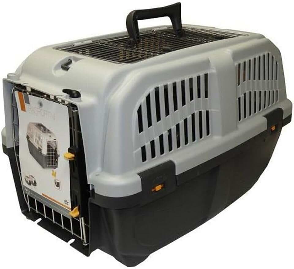 Aimé | Transportbox Katze und Hund | Hunde und Katzenkorb Transport | Transportbox mit seitlichen Belüftungen, Metallgitter und Sicherheitsverschluss | Farbe Grau, Maße 56x36x35 cm