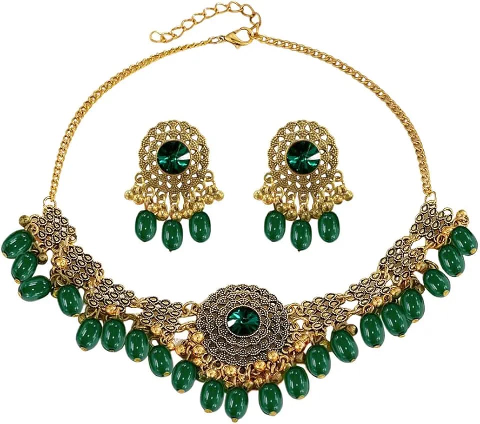 NewZenro Indian Beaded Tassel Dangle Drop Round CZ Stud Earrings Choker Necklace Set Adjustable Chain for Women Gold Plated Bollywood Uniqie Fashion Trendy Jewelry