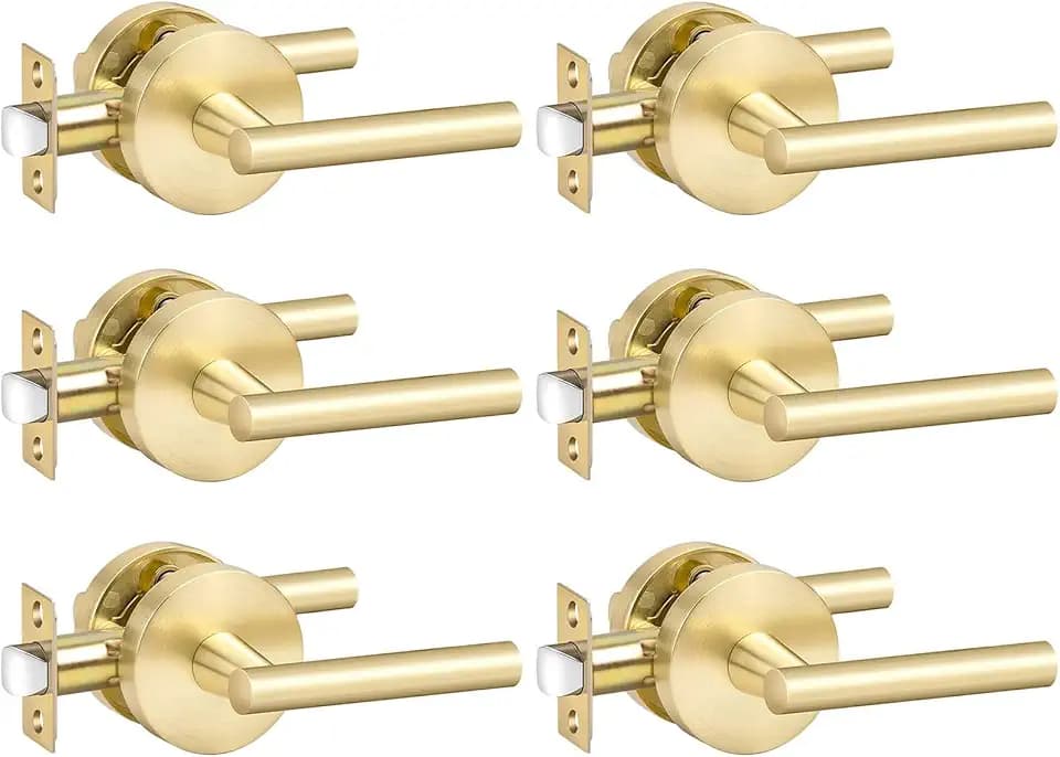 Goldenwarm 6 Pack Gold Passage Door Handles, Closet Door Lever Brushed Gold Interior Door Handle for Hall and Closet, Zinc-Alloy Heavy Duty DoorHandles Reversible(no Lock)