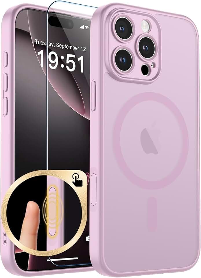 SUPFINE Magnetic for iPhone 16 Pro Max Case with Camera Control Button,[Full Camera Protection][1+Tempered Glass Screen Protector] Slim Translucent Matte Shockproof Phone Cover,Purple Pink
