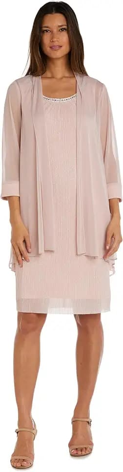 R&M Richards Elegant Glitter Pleated Chiffon Jacket Dress W/Beaded Neckline & 3/4 Sleeves
