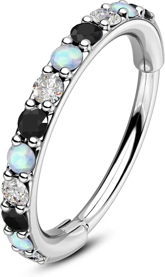 OUFER Opal and CZ 20G Nose Rings Hoops, 316L Surgical Steel Hinged Segment Nose Piercing Jewelry, Septum Lip Eyebrow Rings Cartilage Conch Rook Helix Tragus Daith Earrings For Women and Men-6/7/8MM