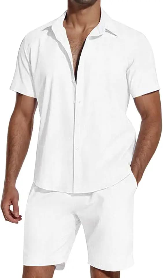 SHEKINI 2-teiliges Herren-Trainingsanzug-Set aus Baumwoll-Leinen, kurzärmelig, Button-Down-Shirts, Sommer, Strand-Shorts, Freizeit-Outfits, Lounge-Nachtwäsche, Schlafanzug
