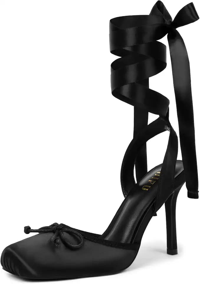 IDIFU IN4 Ballet Heels Closed Square Toe Bow Ballerina High Heels for Women Lace Up Stiletto Wedding Bridal Dancing Evening Prom Party Shoes Comfortable Sexy Cute Slingback Pumps Shoes