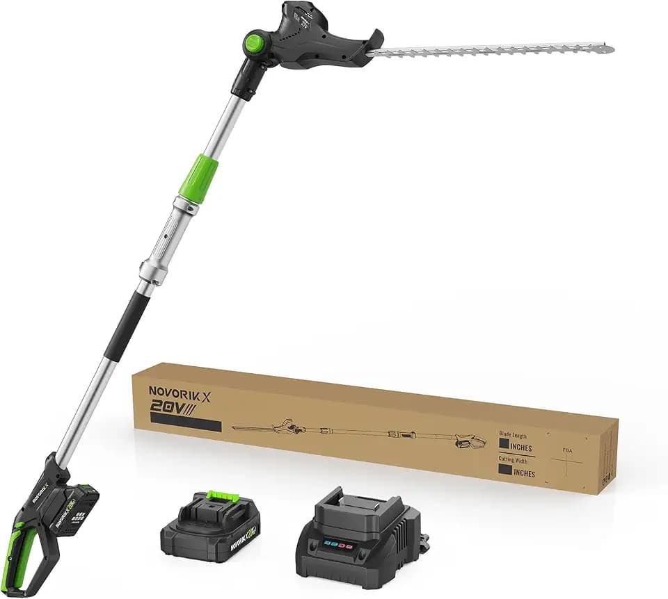 NovorikX Pole Hedge Trimmer Cordless 20V with Battery Powered 20-Inch Electric Hedge Trimmers 15-FT Reach with Extension Pole Multiple Angles for Shrubs Pruning Bush Trimmer