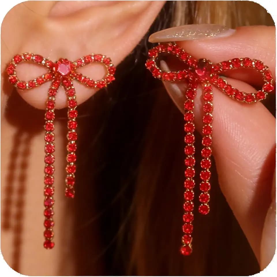 Bow Earrings for Women Rhinestone Long Tassel Earrings Ribbon Bow Drop Earring Silver Stainless Steel Dangle Earrings Cute Sparkly Jewelry
