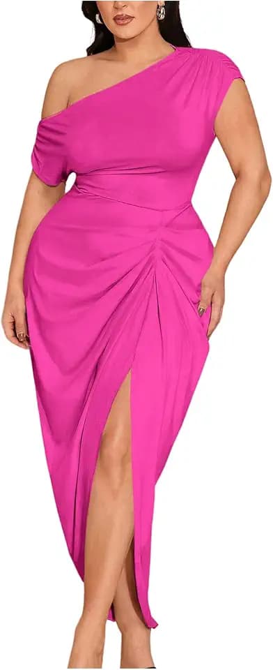 Floerns Women's Plus Size Asymmetrical Neck Ruched Slit Hem Cocktail Dress