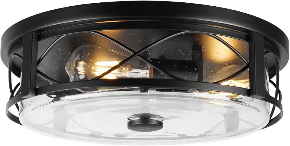 16 Inch Large Flush Mount Ceiling Light with Seeded Glass, 3-Light Black Round Ceiling Lamp, Modern Farmhouse Indoor Outdoor Ceiling Lighting for Kitchen Bedroom Living Dining Room