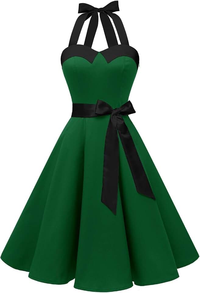 Dressystar Ballkleid, Vintage-Stil, Pin-Up-Stil, Audrey Hepburn, 50er / 60er, Rockabilly, rückenfrei, gepunktet Gr. Medium, Vert Militaire et Noir