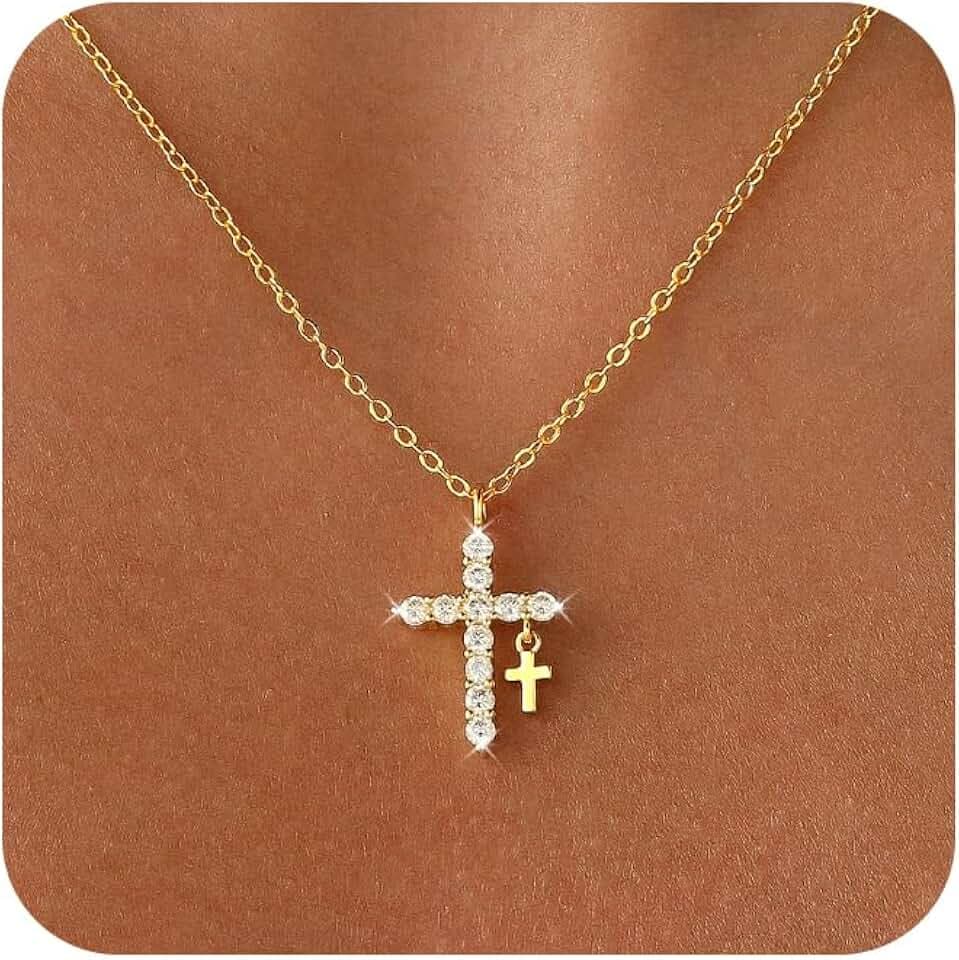 Amicon Gold Cross Necklace for Women Dainty 14K Gold Plated Diamond Cross Pendant Necklace Simple Charm Cross Necklaces Faith Trendy Jewelry Gifts