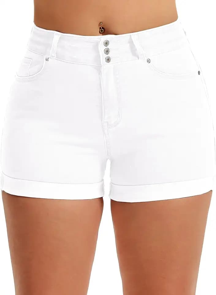 Pnadty Women's Summer High Waisted Stretch Denim Shorts Casual Folded Hem Jean Shorts