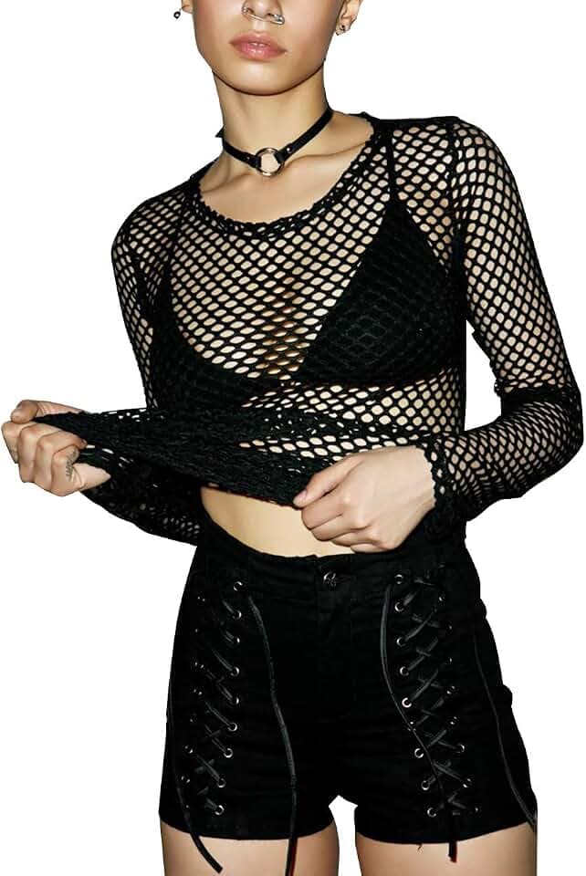 Carolilly Damen Netzoberteil Transparent Tüll Mesh Bluse Langarm Top Party Clubwear