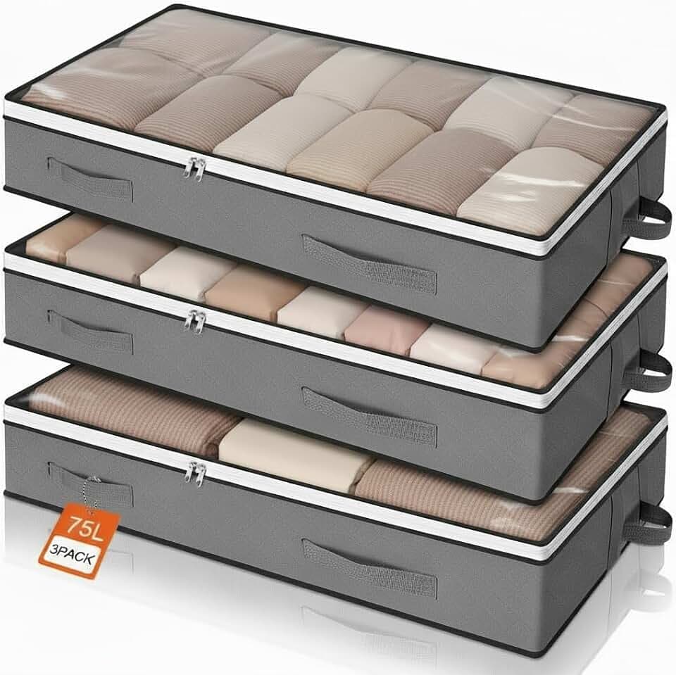 Romon Unterbett Aufbewahrungsbox Unterbettkommode, 3 Stück Bettkasten 75L Faltbare mit Reißverschlüsse Deckel Groß, Unterbettbox Kleideraufbewahrung Organizer für Schuhe Kissen Kleidung Bettdecken
