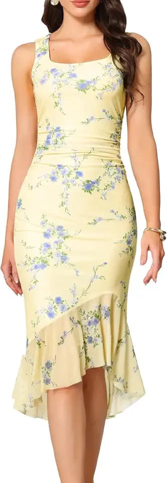 Allegra K Women Summer Floral Sleeveless Square Neck Bodycon Dress