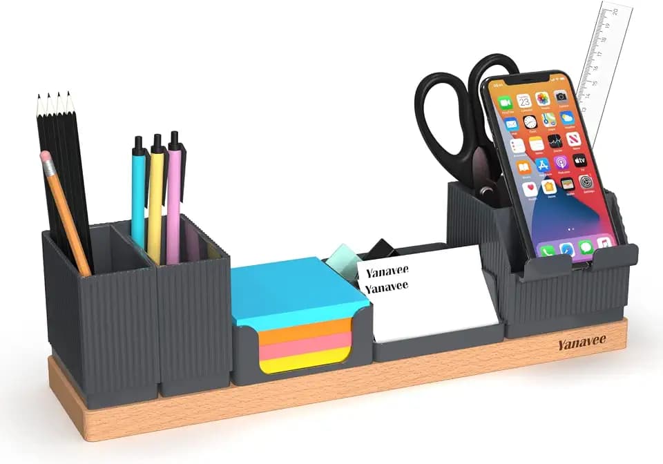 Schreibtisch Organizer Tischorganizer Holz Büro Organizer Einstellbaren Stifthalter, Telefonständer, Visitenkarteninhaber, Bleistiftschale, Platzsparende Desk Organizer, Grau