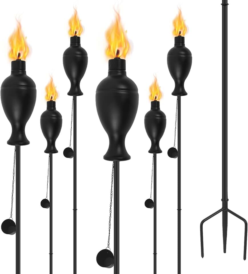 ZSPENG 6-Pack Torches for Outside, Metal Torch with 3-Prong Grounded Stake
