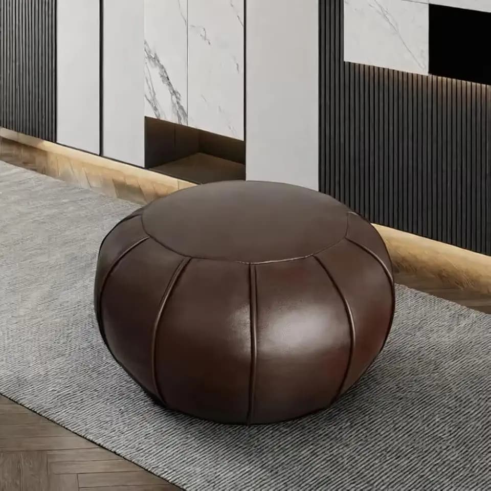 Louis Donné Hochwertiger Kunstleder-Pouf, handgefertigt, ungefüllt, Polsterhocker, Fußhocker, runder Sitzhocker, Bodenkissen, nur Bezug (dunkelbraun)