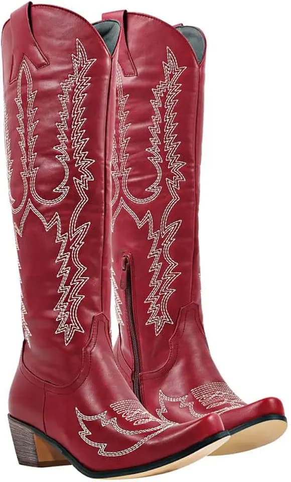 Yolkomo Cowboy Boots for Women Red Western Cowgirl Boots, Pointed Toe, Mid Calf, Knee High