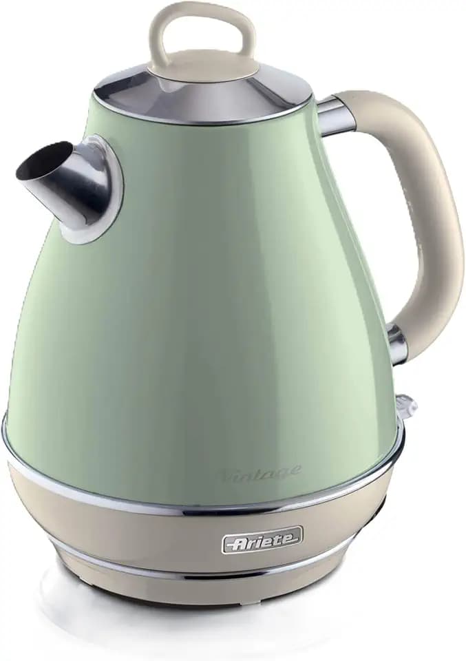 Ariete Vintage Wasserkocher 2869, Retro Elektrischer Wasserkocher mit Sichtbarem Wasserstand, Kabellosem 360°-Sockel, Abschaltautomatik, Teesieb, Fassungsvermögen 1,7 l, Edelstahl, 2000 W, Grün