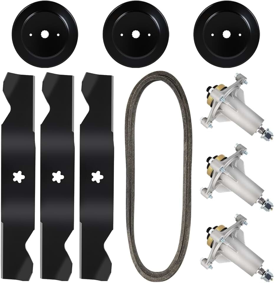 54 Inch Mower Deck Blade Belt Kit Compatible with Hus qvarna YTH2454 LGT2554 LGT2654, Includes 3 Pack Spindle 187292, 3 Pack Blades 187254, 3 Pack Pulleys 153535 and 1 Pack Belt 21546382