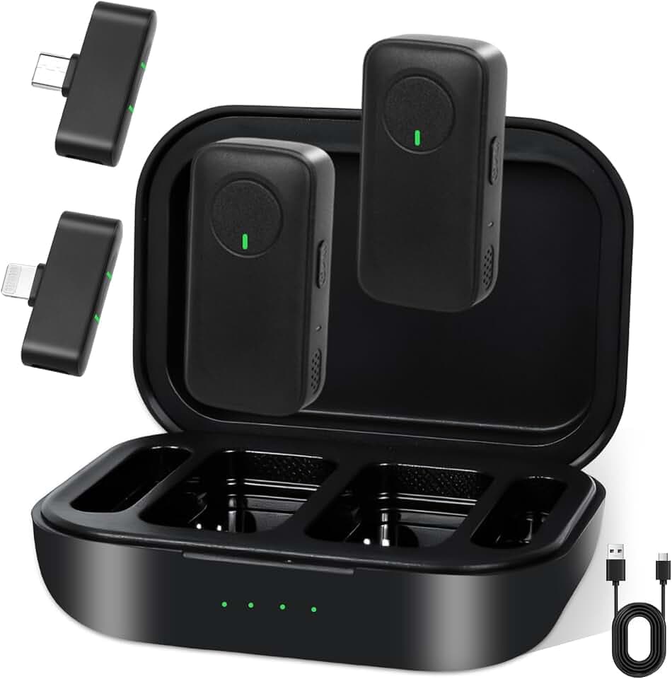 VINATO Mikrofon Handy (2 TX + 2 RX + Charging Case) Kabelloses Lavalier Mikrofon für iPhone & Android, 48 kHz/24-Bit, 3-Level-intelligentes Rauschen, Microphone Mini Mic für Vlog, Interviews
