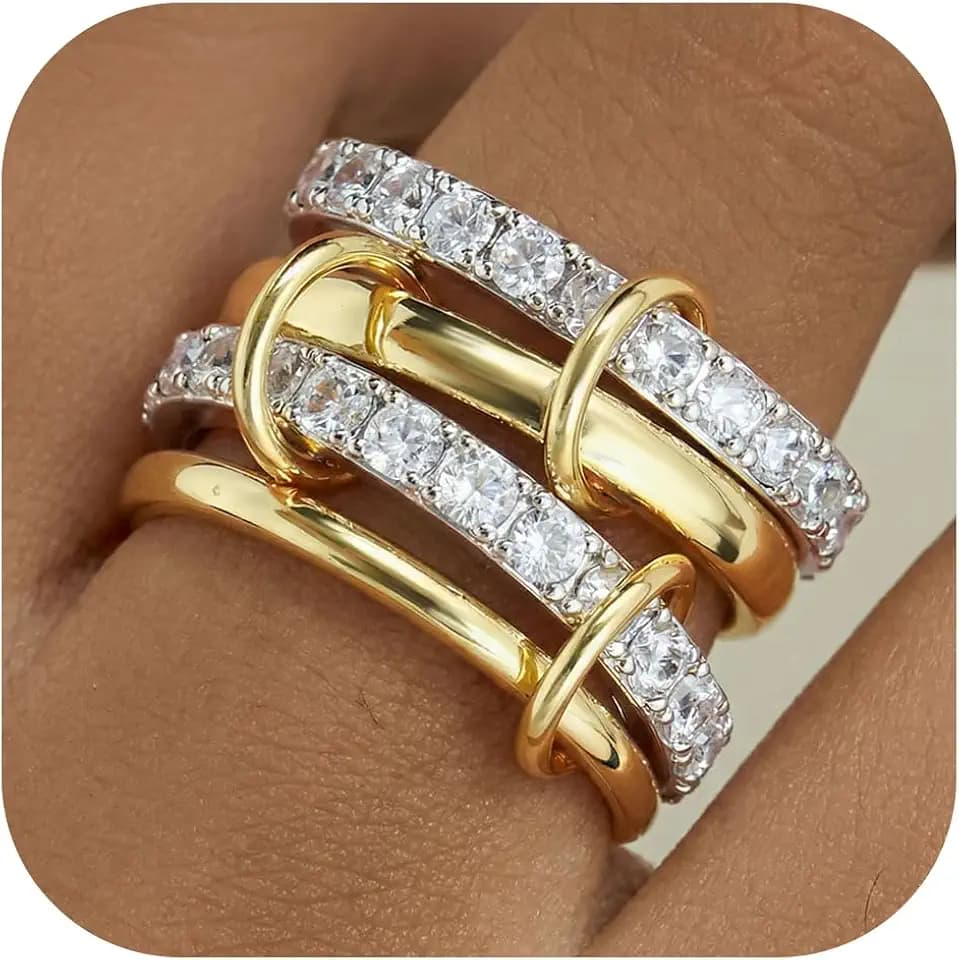 PATISORNA Gold Stackable Rings for Women Non Tarnish 18K Gold Plated Interlocked Stack Rings Set Silver Gold Mixed Metals Multi Ring Statement Thumb Rings Cubic Zirconia Connected Bands