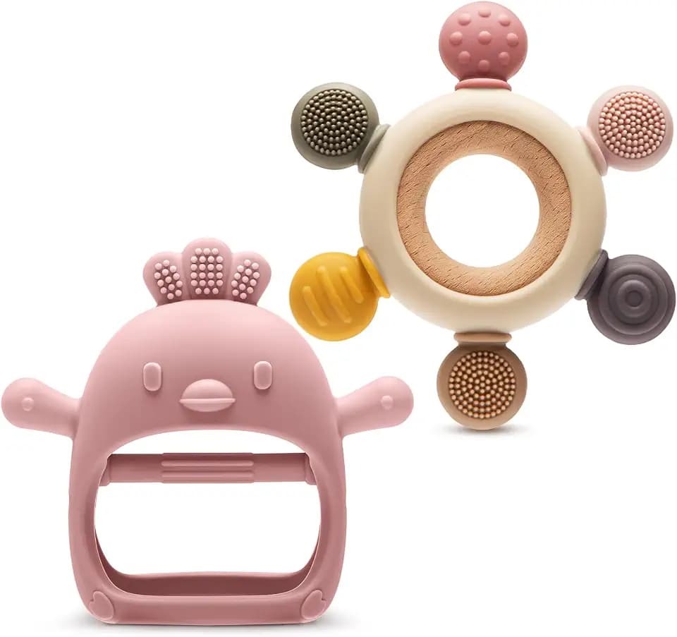 2 Pack Baby Teething Toys 3-6 6-12 Months, Silicone Teether Mitten & Ring
